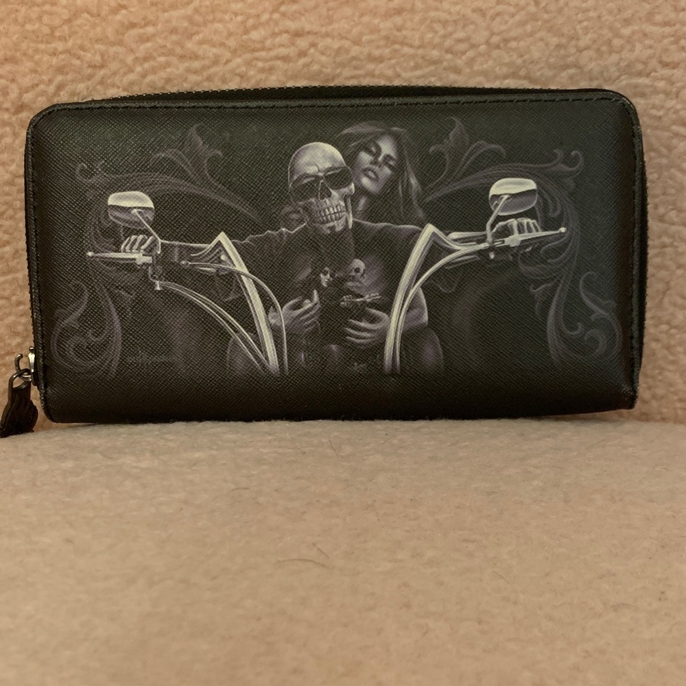Black Skull & Motorcycle Zip Wallet